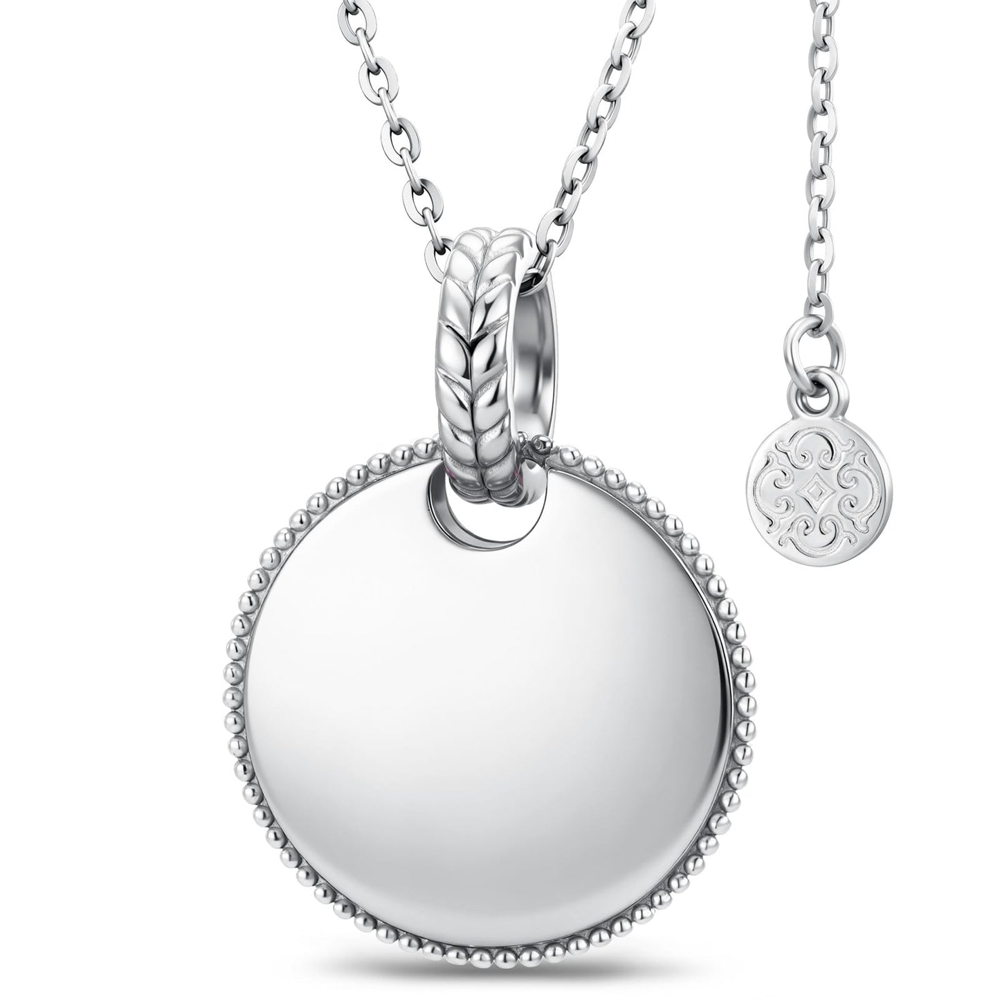 Personalized Engravable Sterling Silver Pink Halo Heart Medallion Necklace In White Gold Plated, Customizable Gift for Her