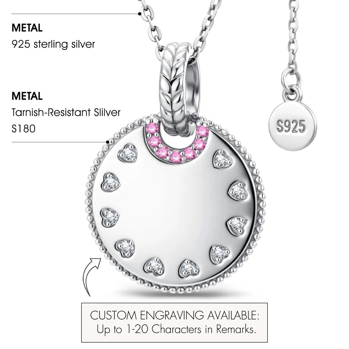 Personalized Engravable Sterling Silver Pink Halo Heart Medallion Necklace In White Gold Plated, Customizable Gift for Her