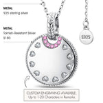 Personalized Engravable Sterling Silver Pink Halo Heart Medallion Necklace In White Gold Plated, Customizable Gift for Her