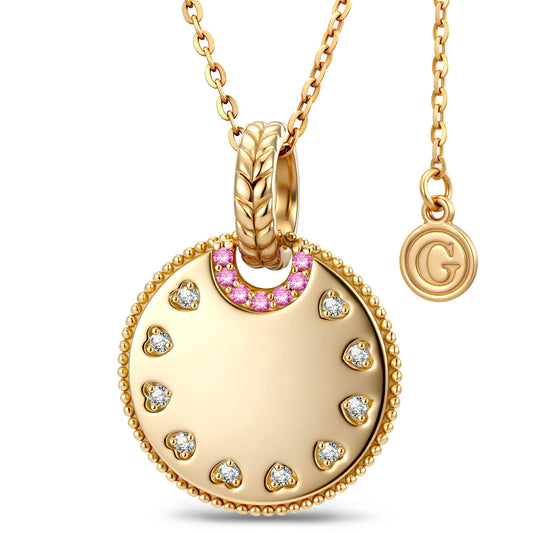 gona- Personalized Engravable Sterling Silver Pink Halo Heart Medallion Necklace In 14K Gold Plated, Customizable Gift for Her