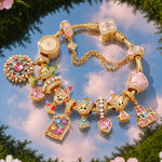 Sterling Silver Sleeping Beauty Enchanted Fairy Blessings Charm Bracelet Set In 14K Gold Plated (Includes Bracelet And All Charms Shown)
