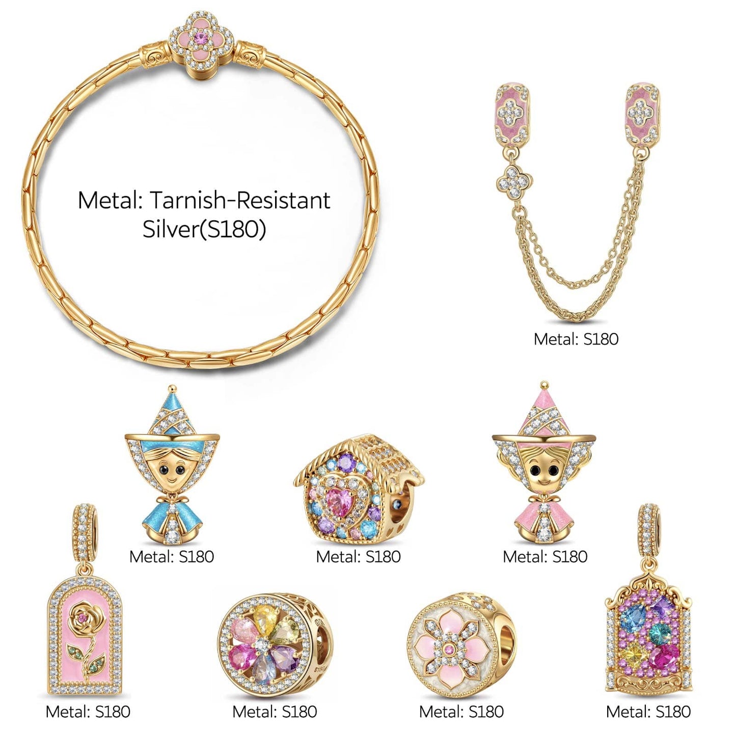 Sterling Silver Rainbow Magic Spell Book Charm Bracelet Set In 14K Gold Plated (Includes bracelet and all charms shown)