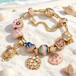 Sterling Silver Pink Coastal Turtle & Seashell Charm Bracelet Set In 14K Gold Plated (Includes Bracelet And All Charms Shown)
