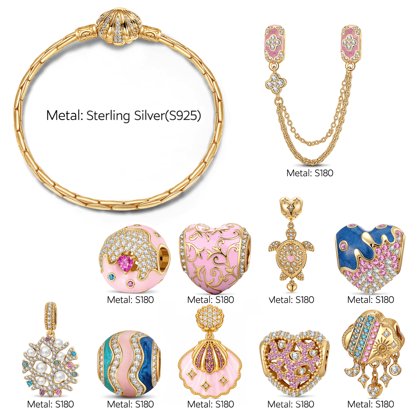 Sterling Silver Pink Coastal Turtle & Seashell Charm Bracelet Set In 14K Gold Plated (Includes Bracelet And All Charms Shown)