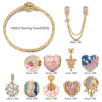 Sterling Silver Pink Coastal Turtle & Seashell Charm Bracelet Set In 14K Gold Plated (Includes Bracelet And All Charms Shown)