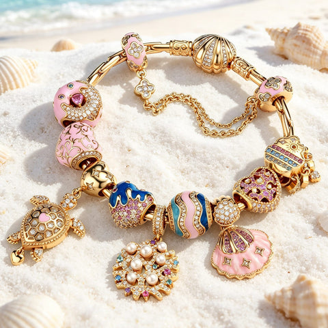 Sterling Silver Pink Coastal Turtle & Seashell Charm Bracelet Set In 14K Gold Plated (Includes Bracelet And All Charms Shown)