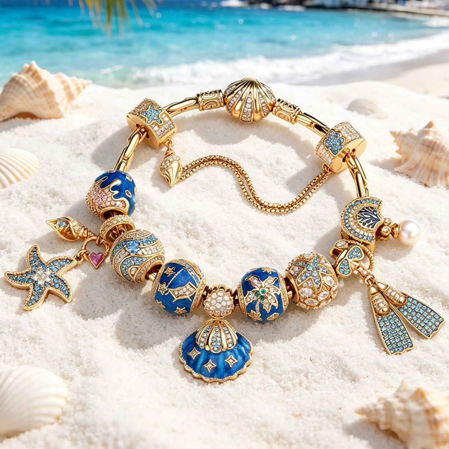 Sterling Silver Deep Sea Diving Starfish Charm Bracelet Set In 14K Gold Plated (Includes Bracelet And All Charms Shown)