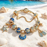 Sterling Silver Deep Sea Diving Starfish Charm Bracelet Set In 14K Gold Plated (Includes Bracelet And All Charms Shown)