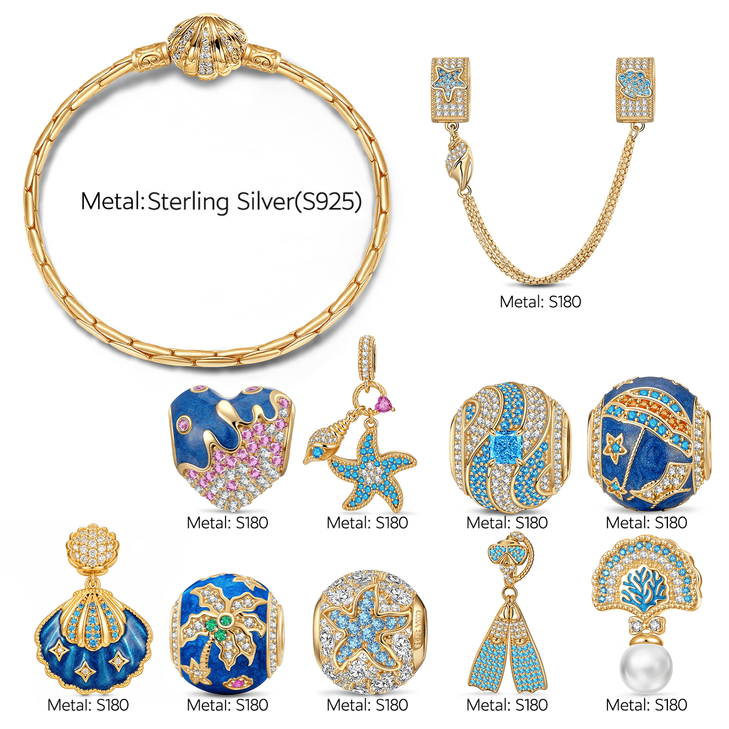Sterling Silver Deep Sea Diving Starfish Charm Bracelet Set In 14K Gold Plated (Includes Bracelet And All Charms Shown)