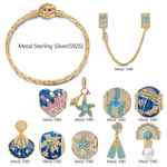 Sterling Silver Deep Sea Diving Starfish Charm Bracelet Set In 14K Gold Plated (Includes Bracelet And All Charms Shown)