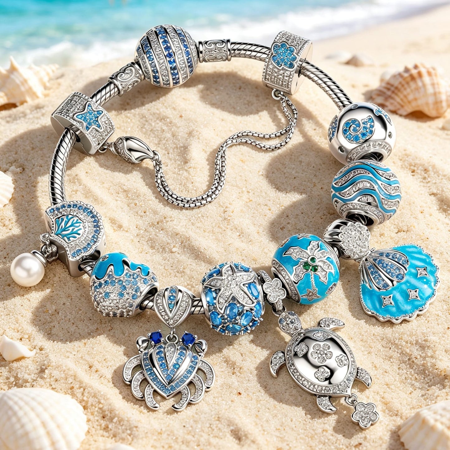 Sterling Silver Ocean Marine Life Crab & Turtle Charm Bracelet Set In White Gold Plated (Includes Bracelet And All Charms Shown)