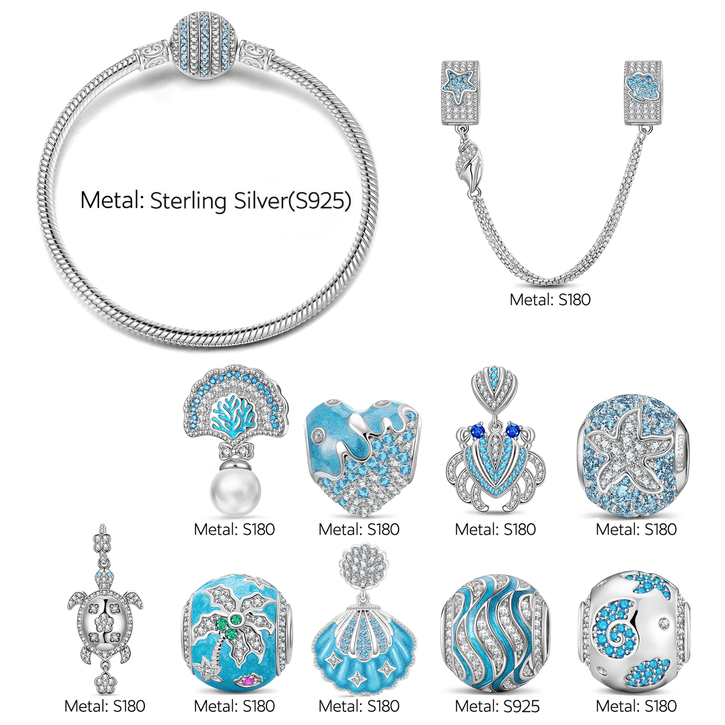Sterling Silver Ocean Marine Life Crab & Turtle Charm Bracelet Set In White Gold Plated (Includes Bracelet And All Charms Shown)