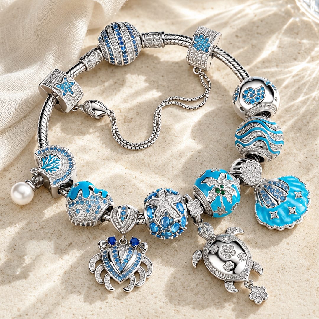 Sterling Silver Ocean Marine Life Crab & Turtle Charm Bracelet Set In White Gold Plated (Includes Bracelet And All Charms Shown)