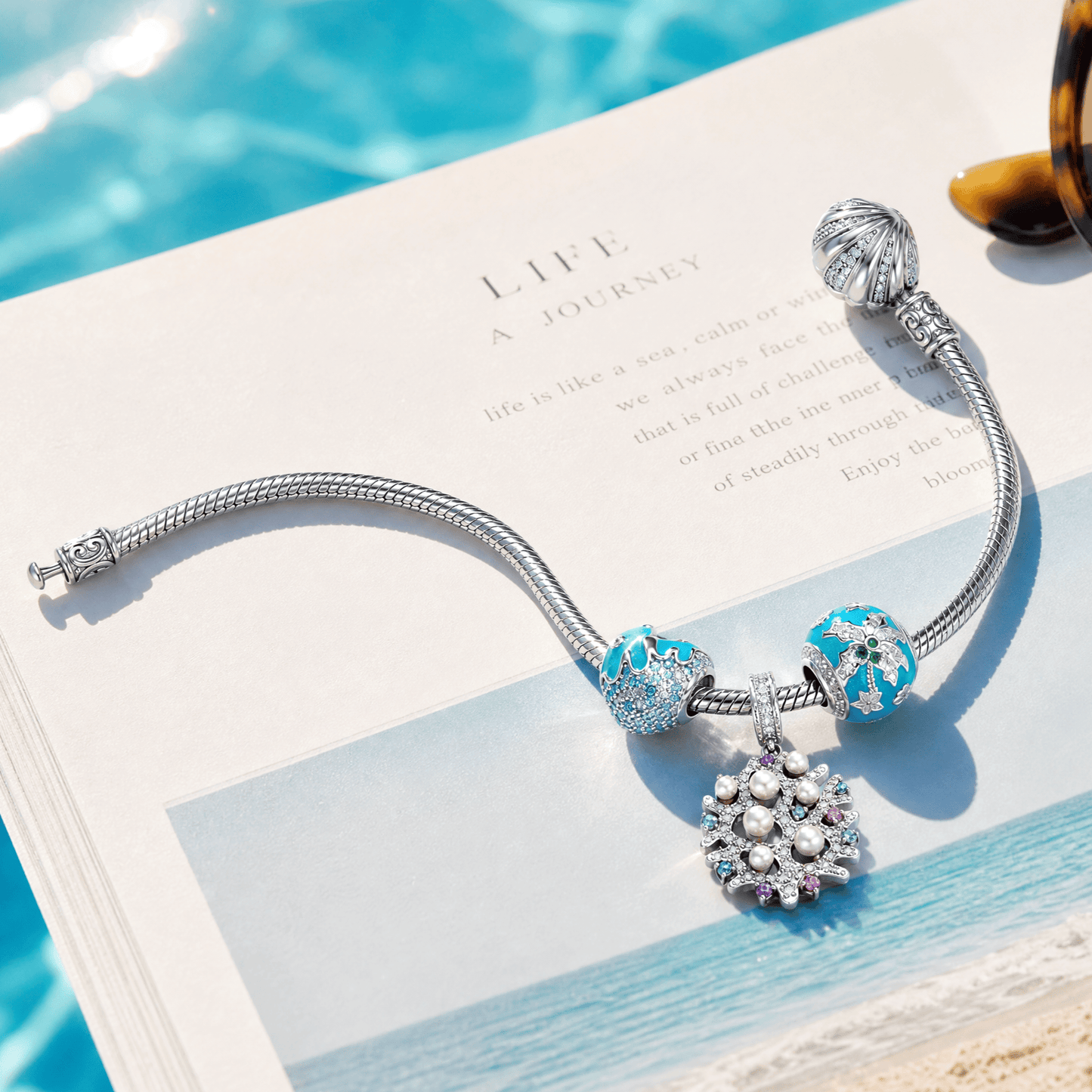 Sterling Silver Minimalist Beach Coral Dangle Charm Bracelet Set In White Gold Plated (Includes Bracelet And All Charms Shown)