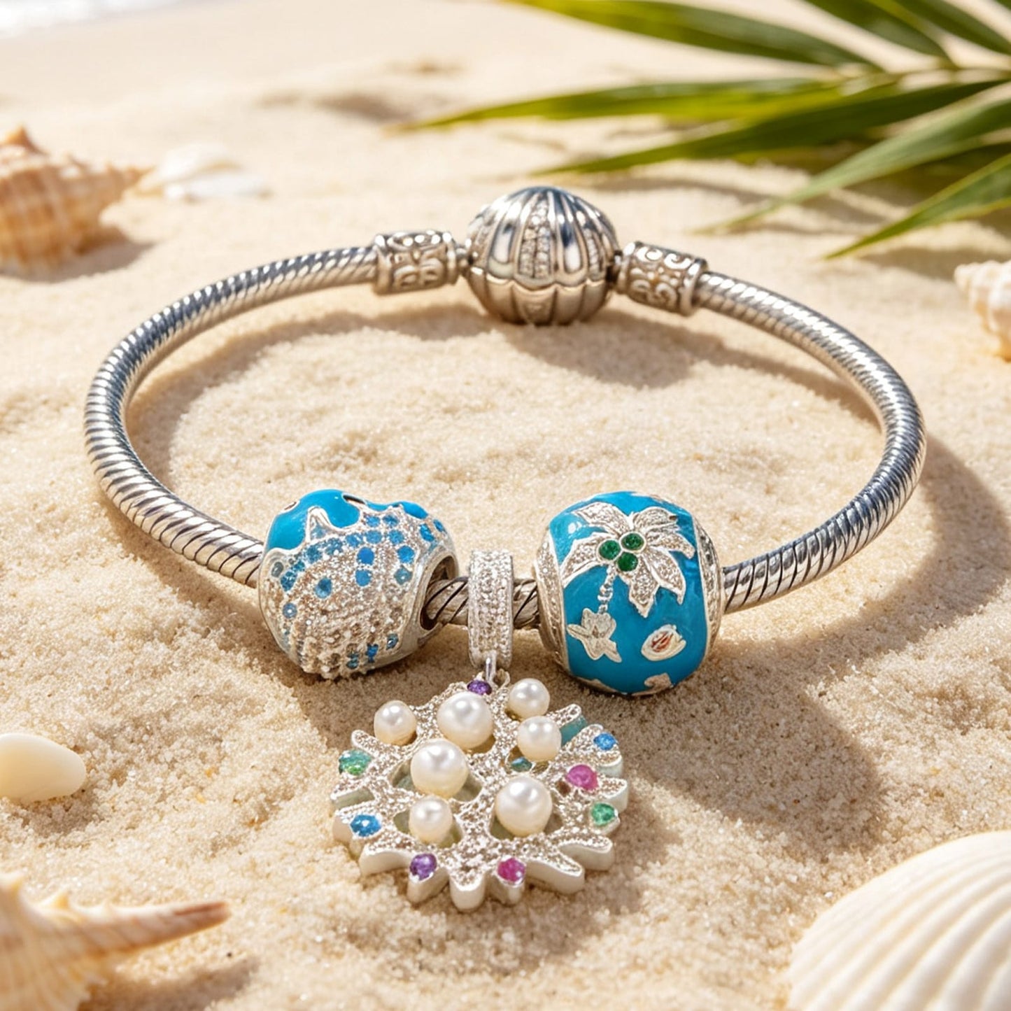 Sterling Silver Minimalist Beach Coral Dangle Charm Bracelet Set In White Gold Plated (Includes Bracelet And All Charms Shown)