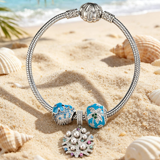 gona- Sterling Silver Minimalist Beach Coral Dangle Charm Bracelet Set In White Gold Plated (Includes Bracelet And All Charms Shown)