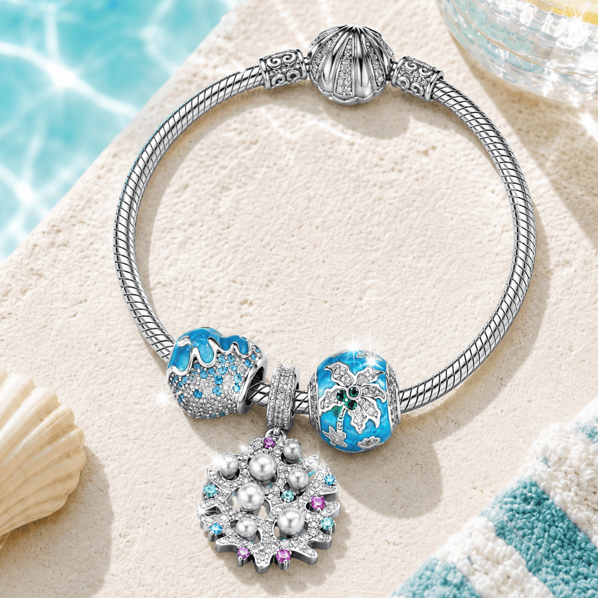 Sterling Silver Minimalist Beach Coral Dangle Charm Bracelet Set In White Gold Plated (Includes Bracelet And All Charms Shown)