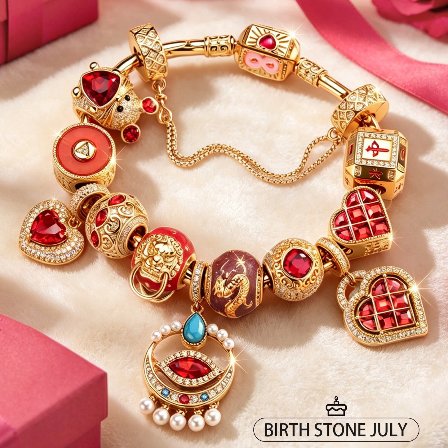 LIMITED RESTOCK · SHIPS FROM JULY 4: Sterling Silver Eastern Talisman July Ruby Birthstone Full Bracelet Set 14K Gold Plated (Includes bracelet and all charms shown)