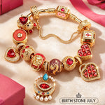LIMITED RESTOCK · SHIPS FROM JULY 4: Sterling Silver Eastern Talisman July Ruby Birthstone Full Bracelet Set 14K Gold Plated (Includes bracelet and all charms shown)