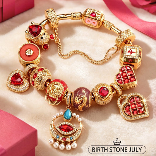 gona- LIMITED RESTOCK · SHIPS FROM JULY 4: Sterling Silver Eastern Talisman July Ruby Birthstone Full Bracelet Set 14K Gold Plated (Includes bracelet and all charms shown)