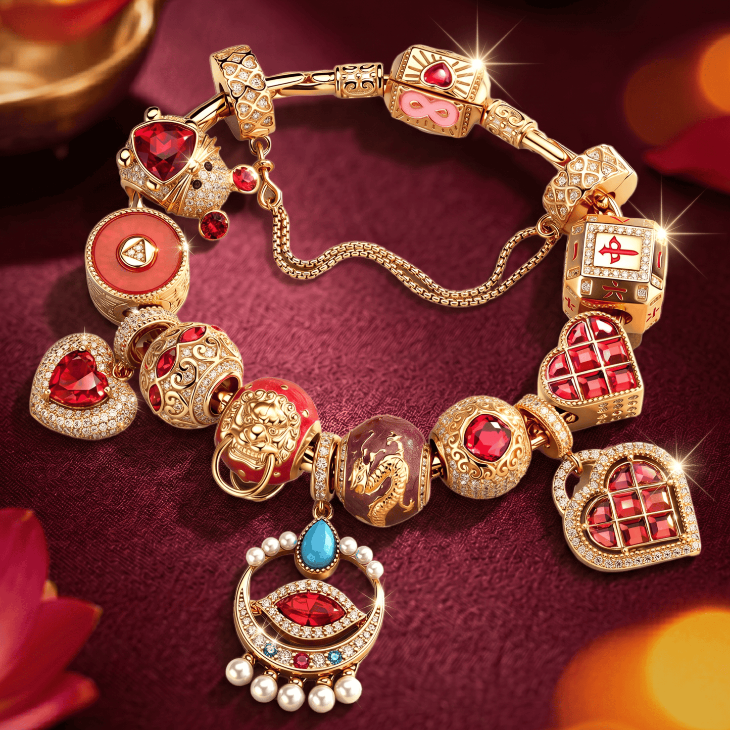Sterling Silver Eastern Talisman July Ruby Birthstone Full Bracelet Set 14K Gold Plated (Includes bracelet and all charms shown)