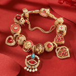 Sterling Silver Eastern Talisman July Ruby Birthstone Full Bracelet Set 14K Gold Plated (Includes bracelet and all charms shown)