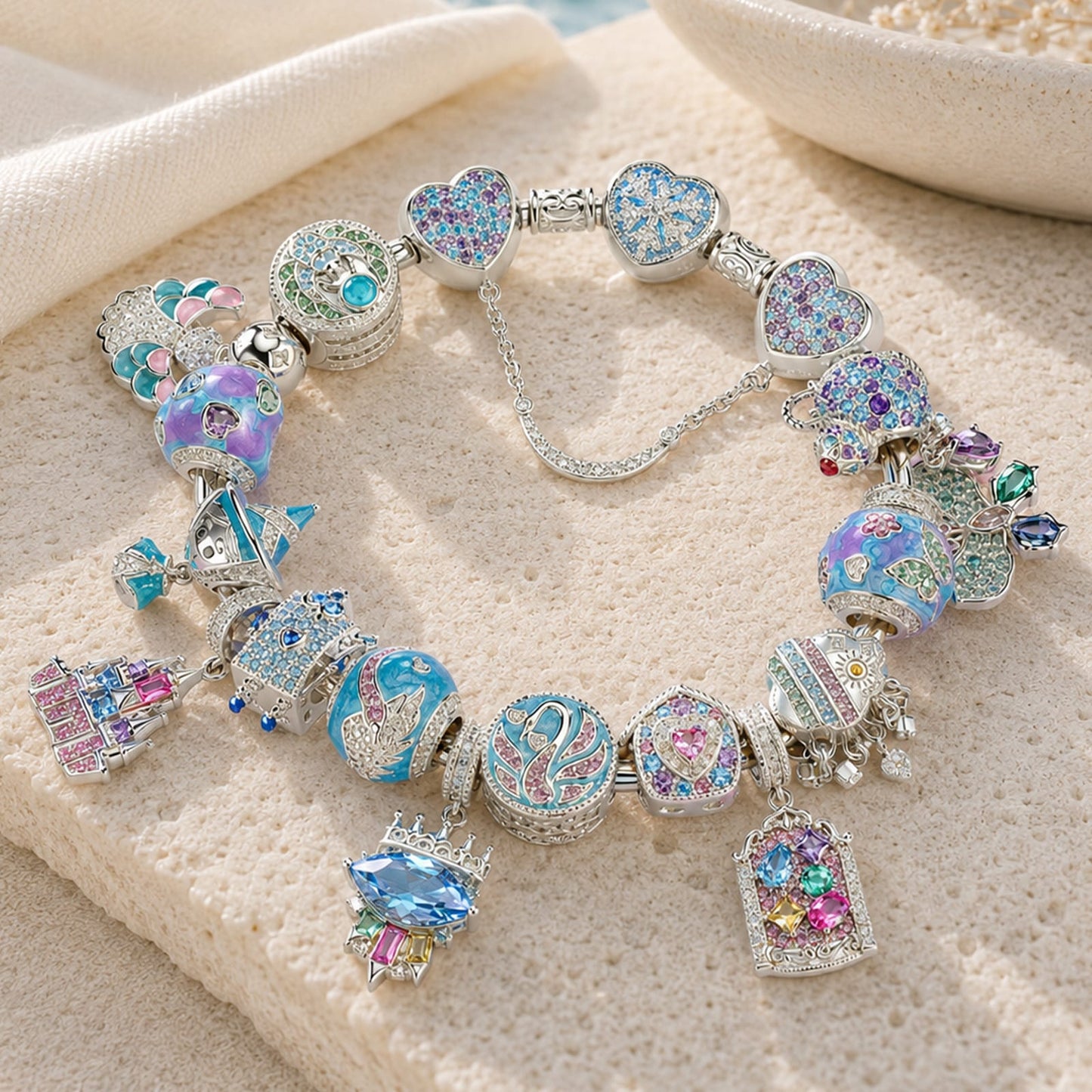 Sterling Silver Aqua Fairy Tale Princess Charms Bracelet Set In White Gold Plated (Includes bracelet and all charms shown)