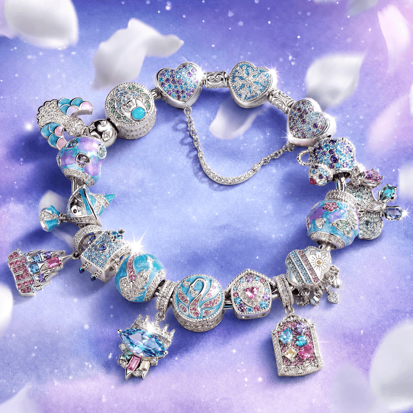 Sterling Silver Aqua Fairy Tale Princess Charms Bracelet Set In White Gold Plated (Includes bracelet and all charms shown)