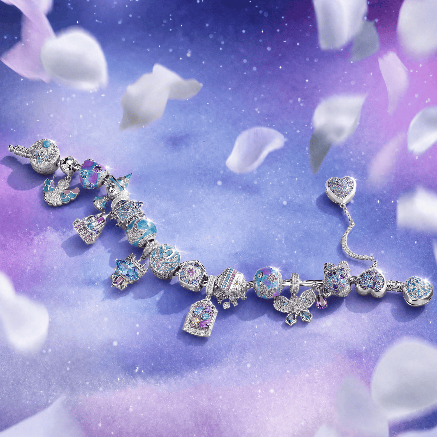 Sterling Silver Aqua Fairy Tale Princess Charms Bracelet Set In White Gold Plated (Includes bracelet and all charms shown)