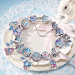 Sterling Silver Aqua Fairy Tale Princess Charms Bracelet Set In White Gold Plated (Includes bracelet and all charms shown)