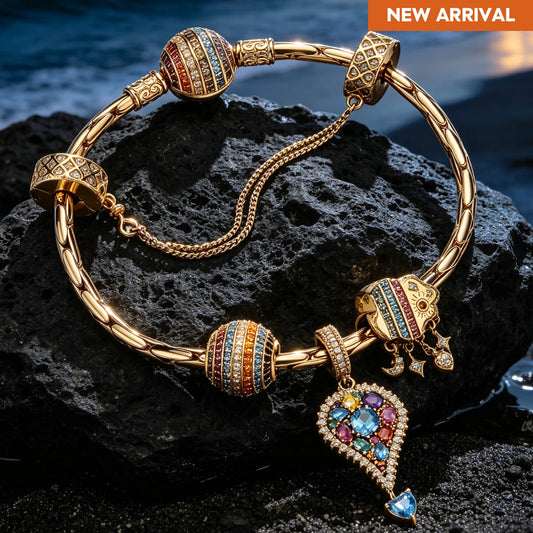 gona- Sterling Silver Black Sand Riviera Charm Bracelet Set in 14K Gold Plated (Includes bracelet and all charms shown)