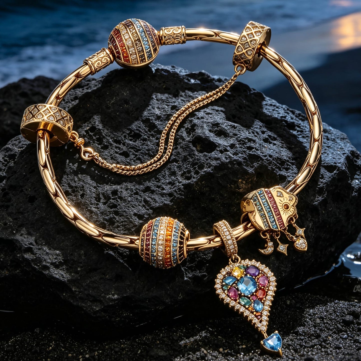 Sterling Silver Riviera Bohemian Lucky Charm Bracelet Set in 14K Gold Plated (Includes bracelet and all charms shown)