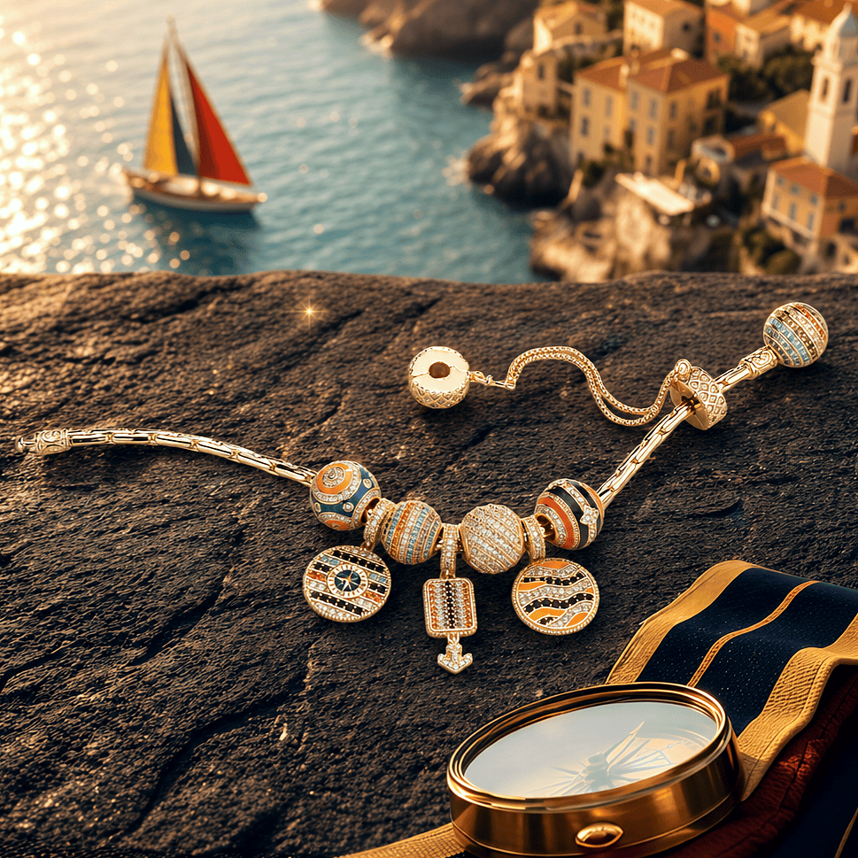 Sterling Silver Black Sand Riviera Charm Bracelet Set in 14K Gold Plated (Includes bracelet and all charms shown)