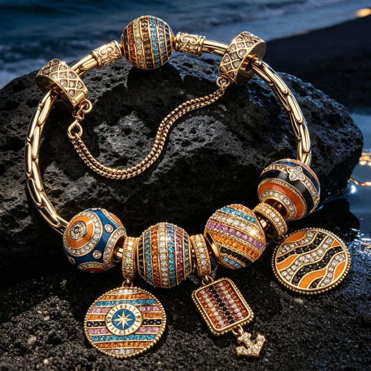 gona- Sterling Silver Volcanic Shore Nautical Charm Bracelet Set in 14K Gold Plated (Includes bracelet and all charms shown)