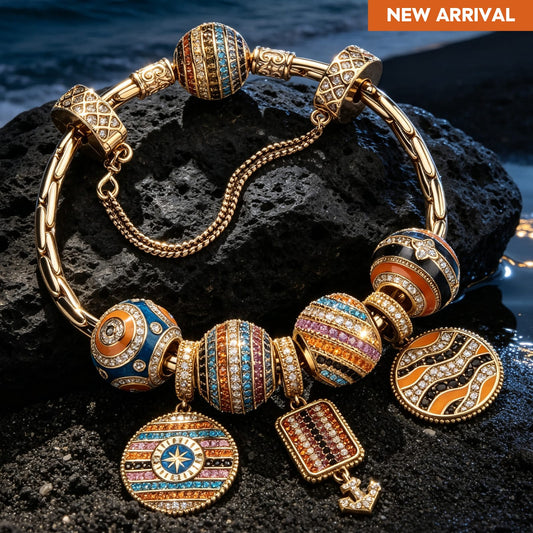 gona- Sterling Silver Black Sand Riviera Charm Bracelet Set in 14K Gold Plated (Includes bracelet and all charms shown)