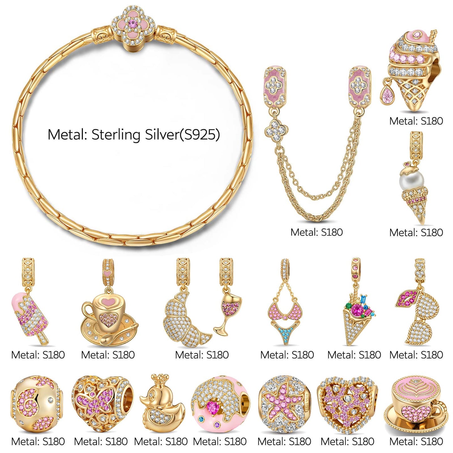 Sterling Silver Deep Marine Charm Bracelet Set in 14K Gold Plated (Includes bracelet and all charms shown)
