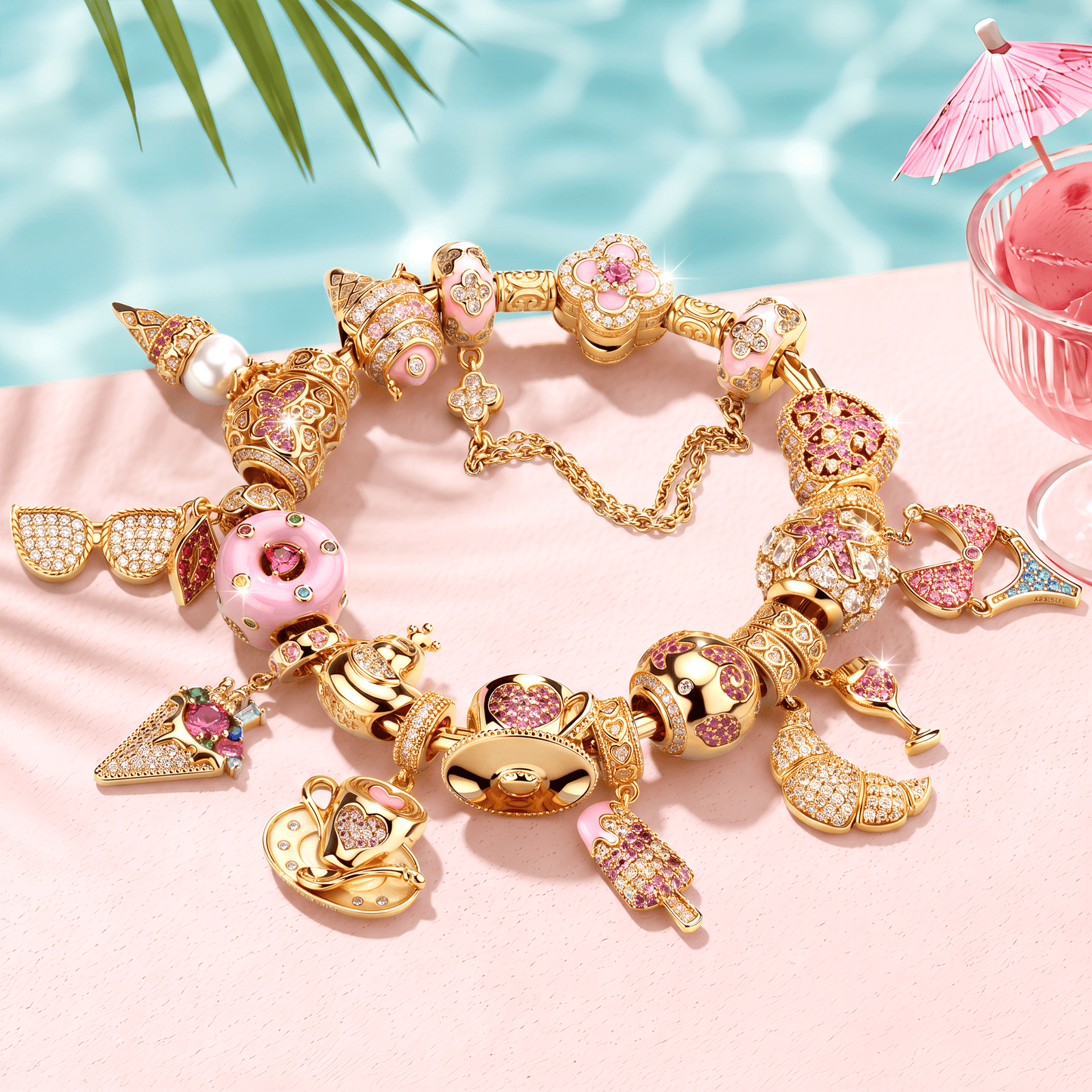 Sterling Silver Deep Marine Charm Bracelet Set in 14K Gold Plated (Includes bracelet and all charms shown)