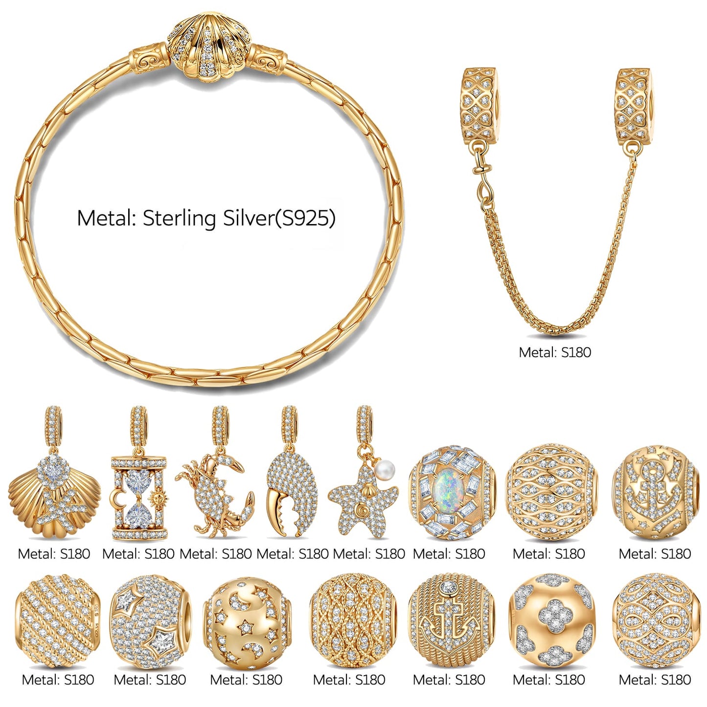 Sterling Silver Golden Ocean Celestial Curated Charm Bracelet Set in 14K Gold Plating