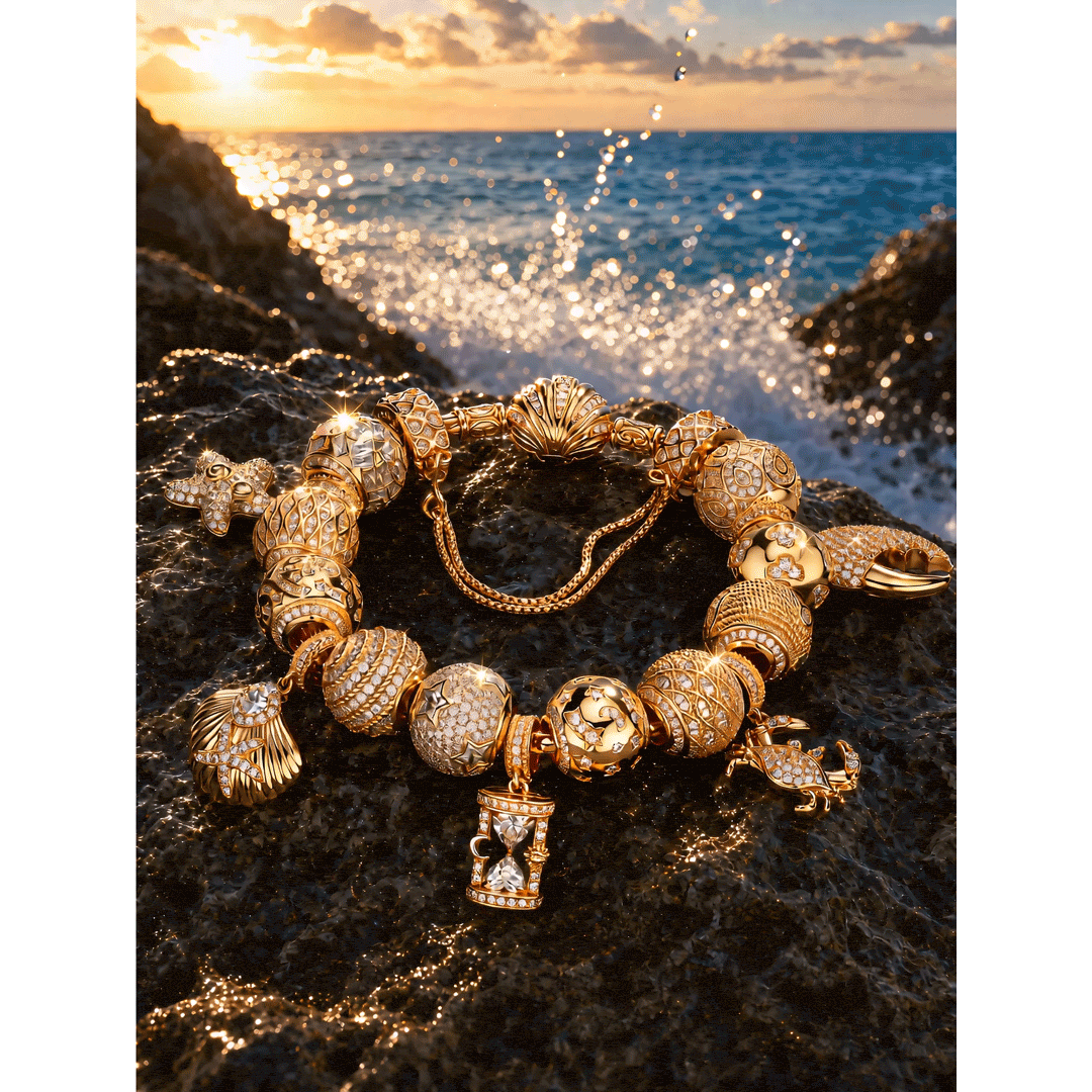 Sterling Silver Golden Ocean Celestial Curated Charm Bracelet Set in 14K Gold Plating