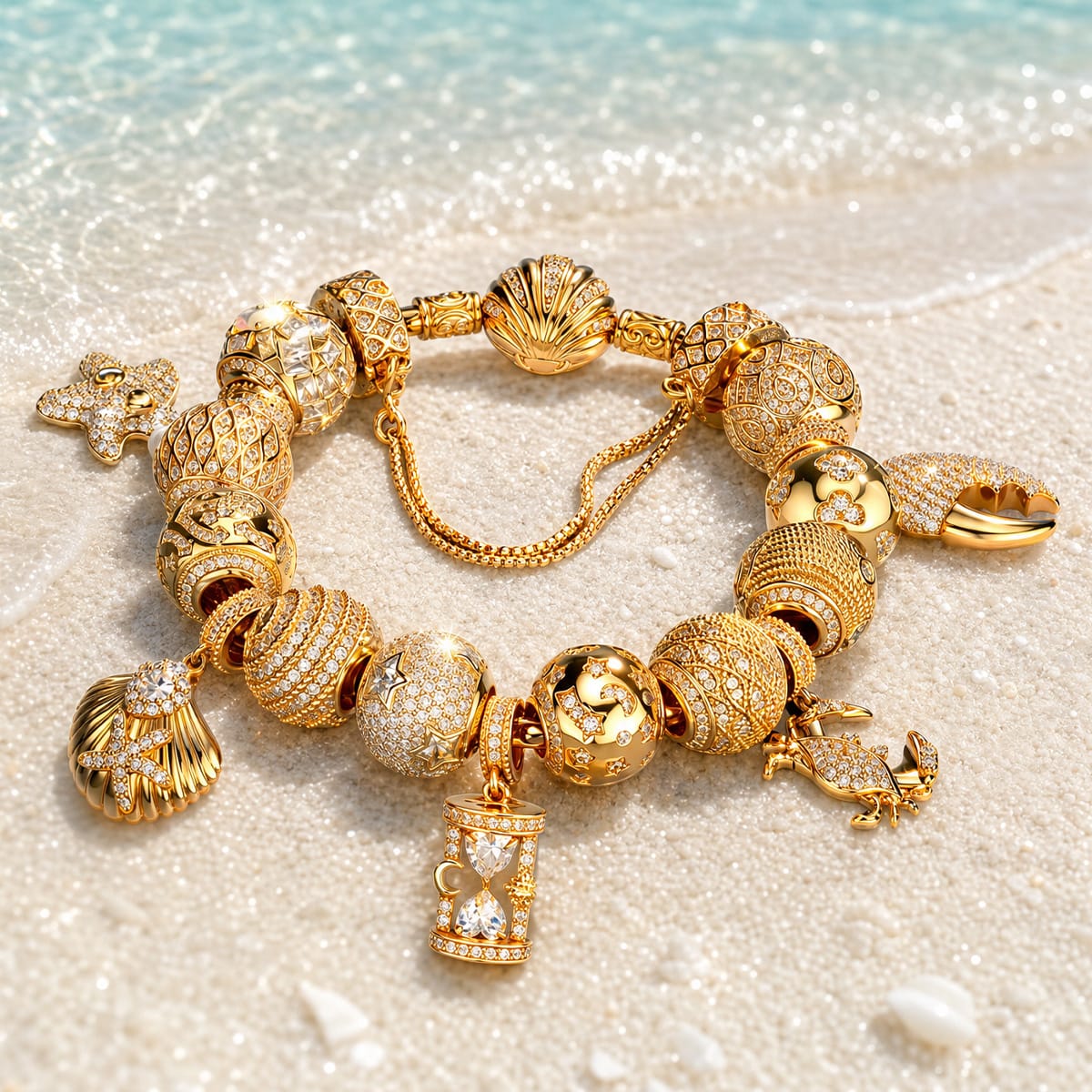 Sterling Silver Golden Ocean Celestial Curated Charm Bracelet Set in 14K Gold Plating