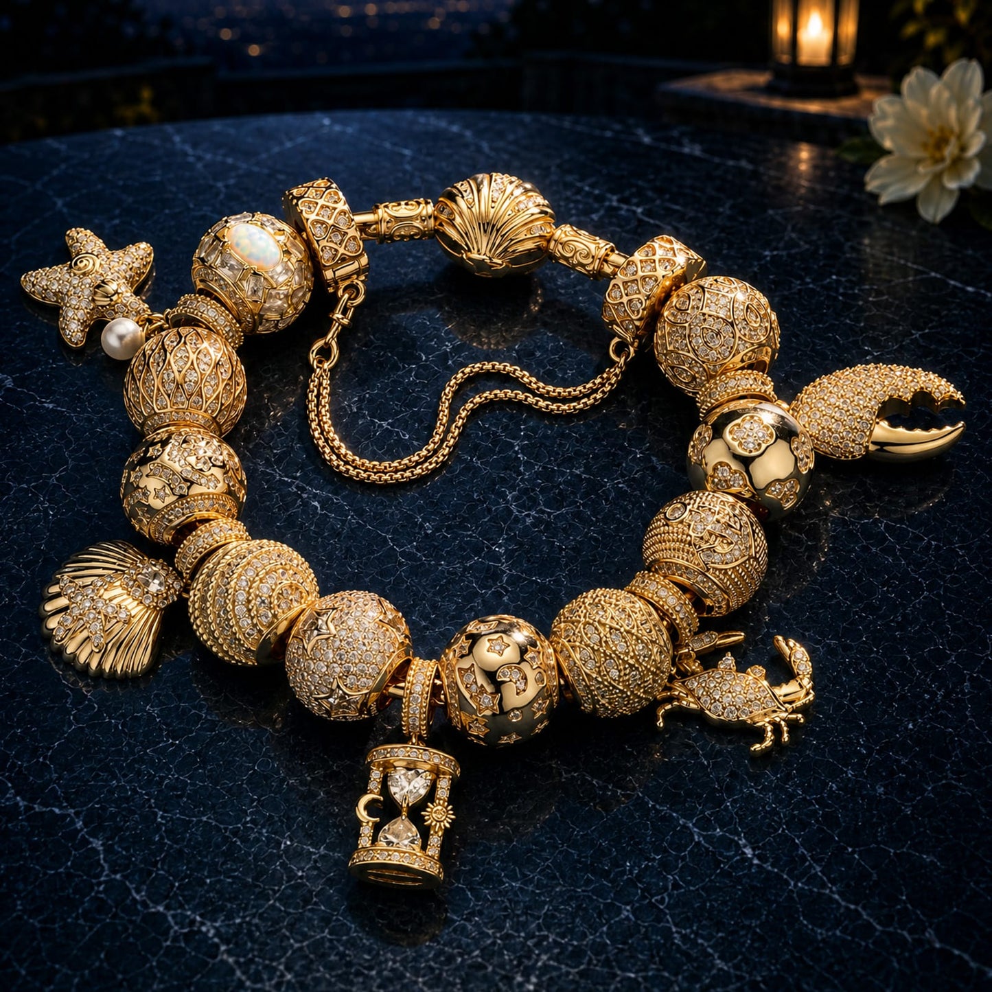 Sterling Silver Golden Ocean Celestial Curated Charm Bracelet Set in 14K Gold Plating (Includes Bracelet And All Charms Shown)