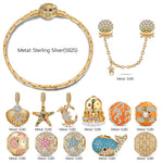 Sterling Silver Marine Ocean Creatures Curated Charm Bracelet Set in 14K Gold Plating (Includes Bracelet And All Charms Shown)