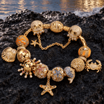 Sterling Silver Marine Ocean Creatures Curated Charm Bracelet Set in 14K Gold Plating (Includes Bracelet And All Charms Shown)