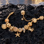 Sterling Silver Marine Ocean Creatures Curated Charm Bracelet Set in 14K Gold Plating (Includes Bracelet And All Charms Shown)