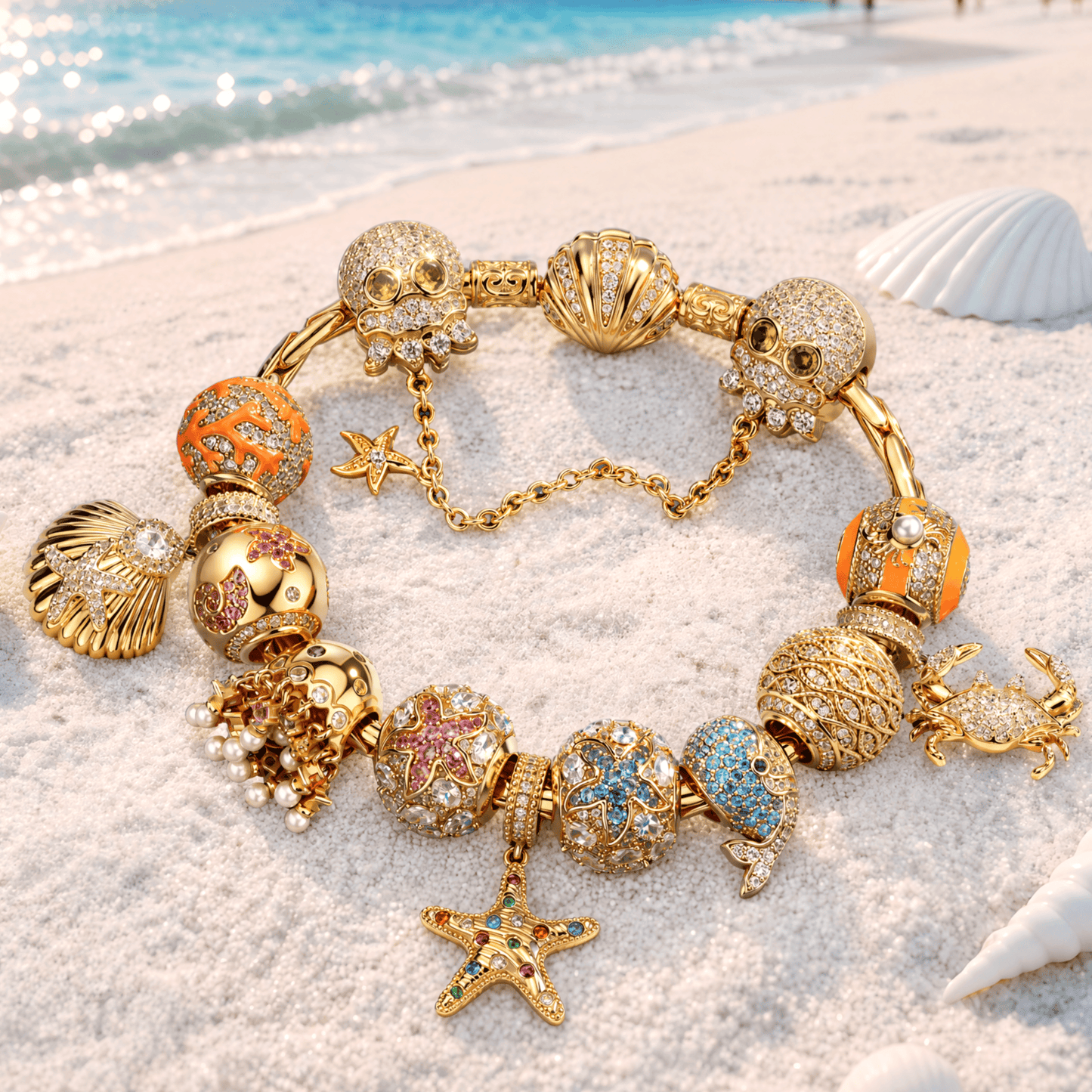 Sterling Silver Marine Ocean Creatures Curated Charm Bracelet Set in 14K Gold Plating (Includes Bracelet And All Charms Shown)