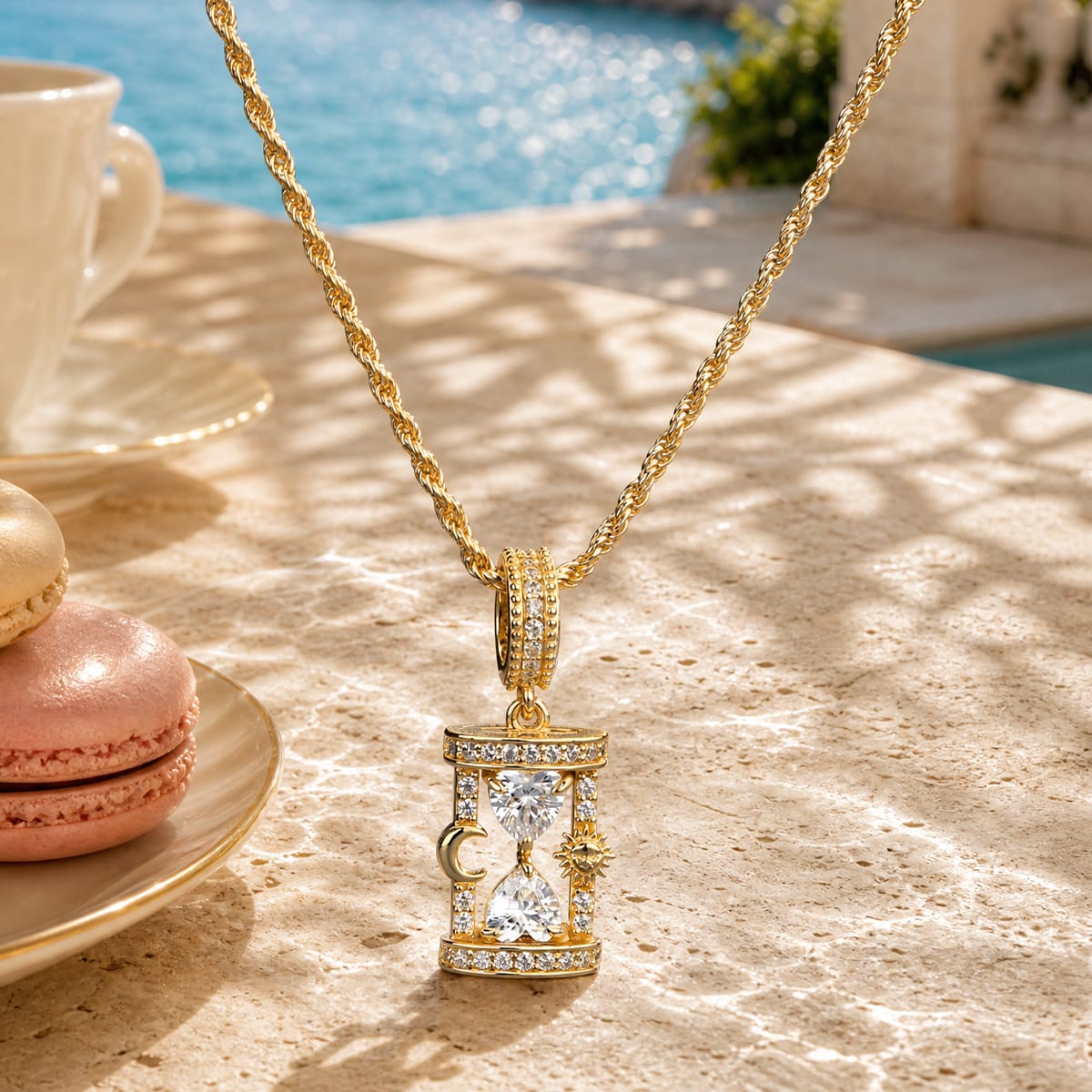 Sterling Silver Sun Moon Hourglass Curated Pendant Necklace Set in 14K Gold Plating