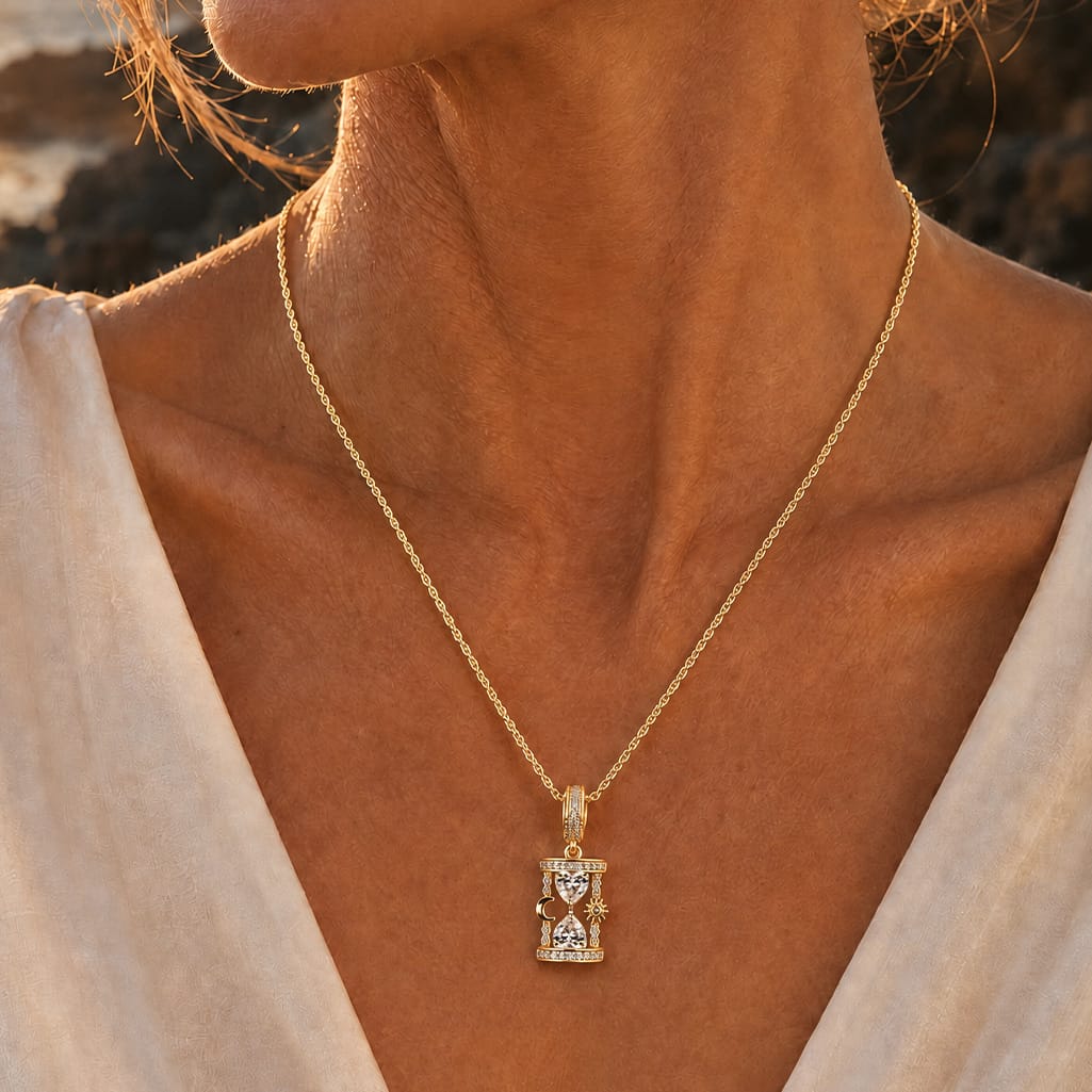 Sterling Silver Sun Moon Hourglass Curated Pendant Necklace Set in 14K Gold Plating