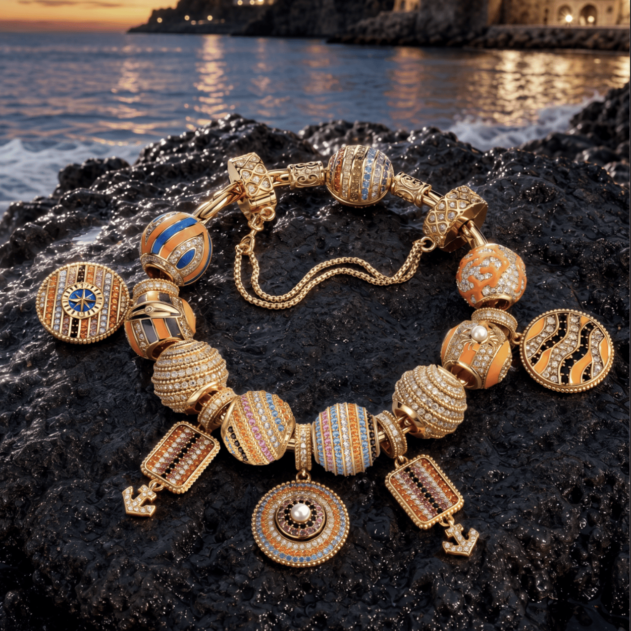 Sterling Silver Volcanic Shore Sunset Nautical Charm Bracelet Set in 14K Gold Plated