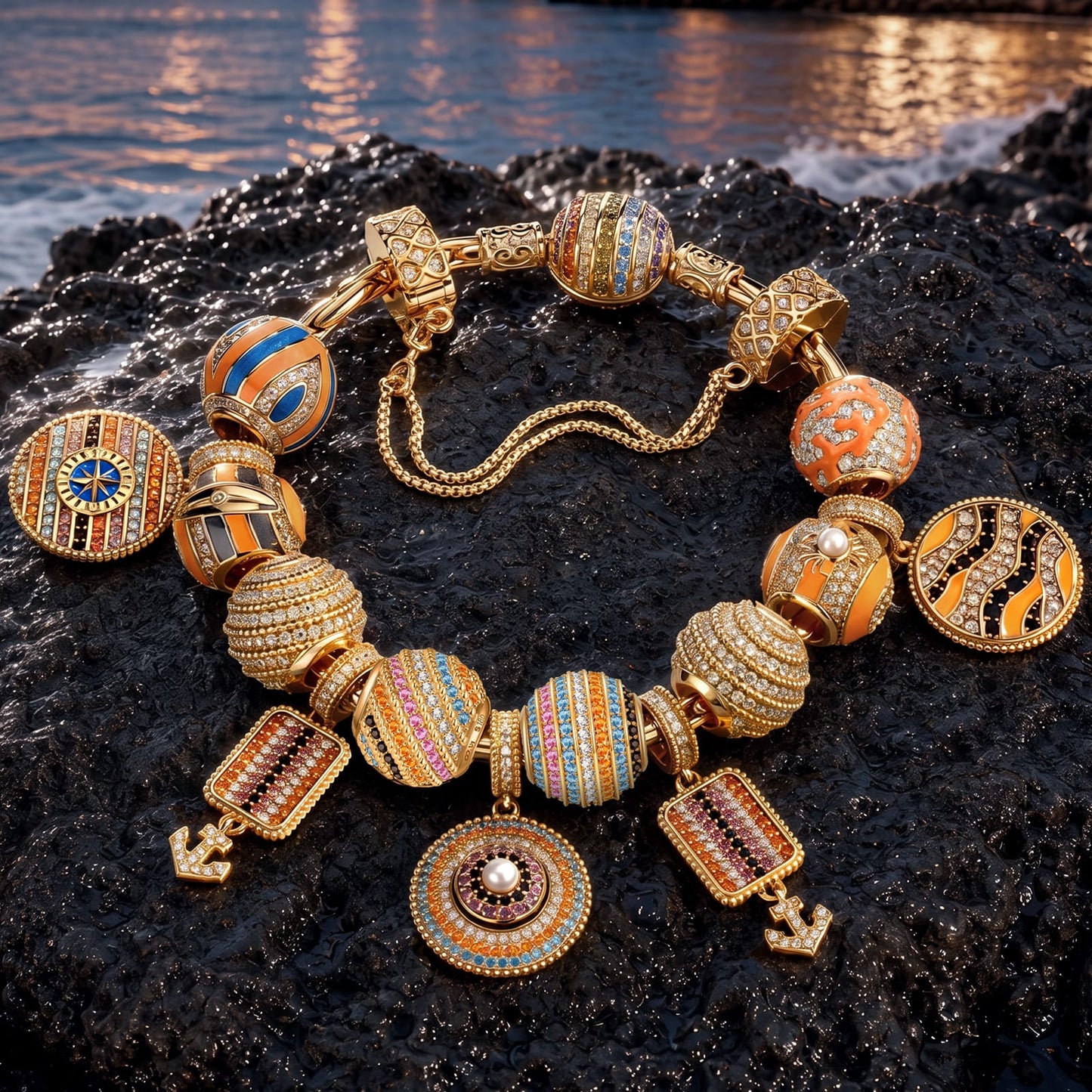 Sterling Silver Volcanic Shore Sunset Nautical Charm Bracelet Set in 14K Gold Plated