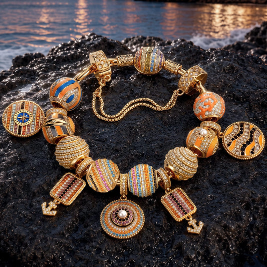 gona- Sterling Silver Volcanic Shore Sunset Nautical Charm Bracelet Set in 14K Gold Plated